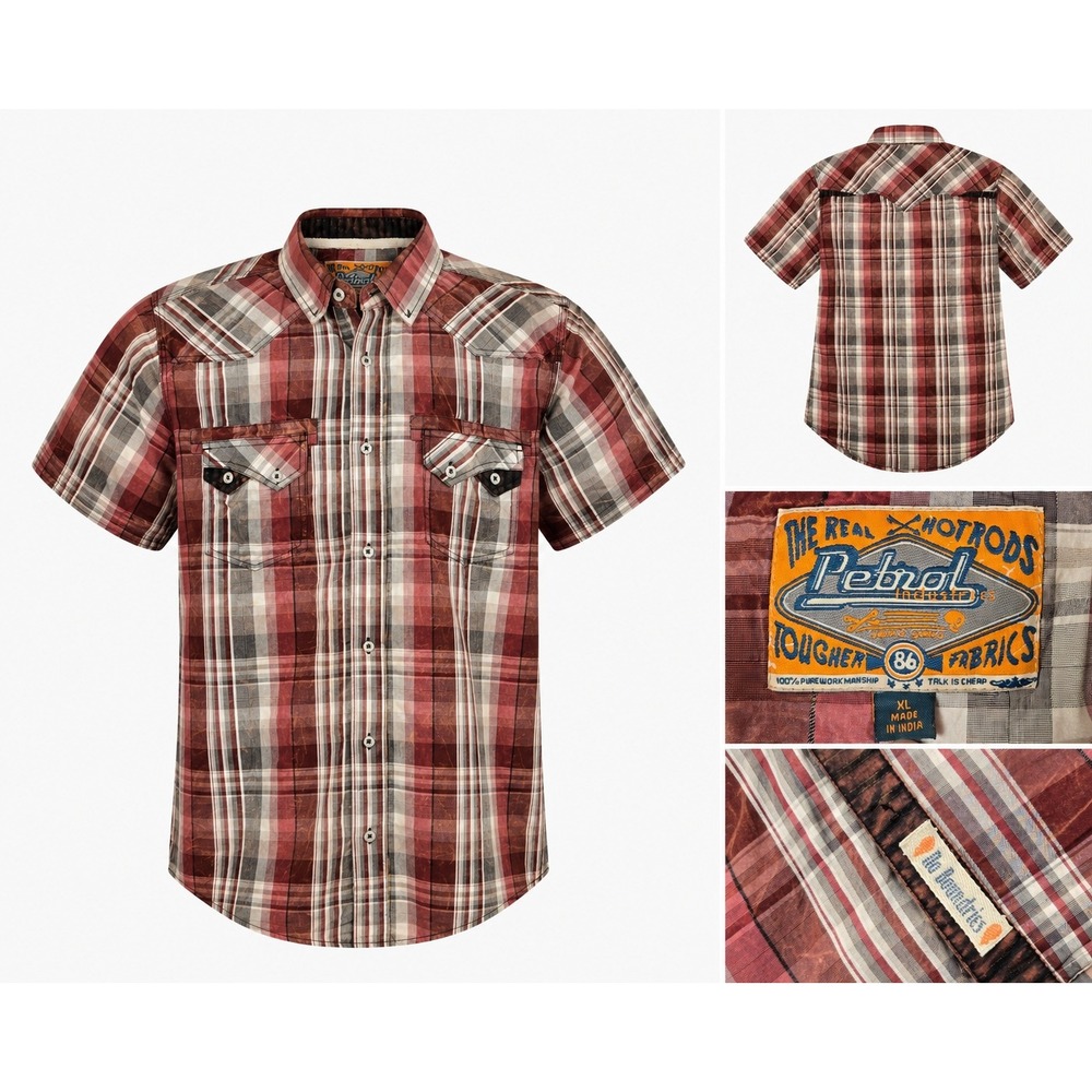 Petrol Industries Button Up Shirt Mens XL Maroon Plaid Western Short Sleeve